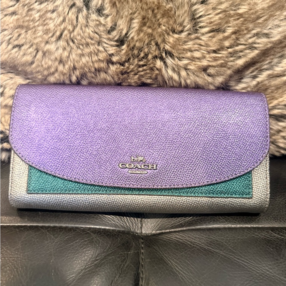 Coach Women's Wallet in Purple, Green, and Gray
8 wide. 4 high